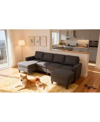 Linen Upholstered Modular Sectional with 2 Ottomans