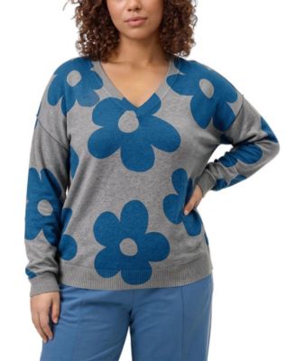 Plus Size Long-Sleeve V-Neck Relaxed-Fit Cotton-Blend Knit Pullover Sweater