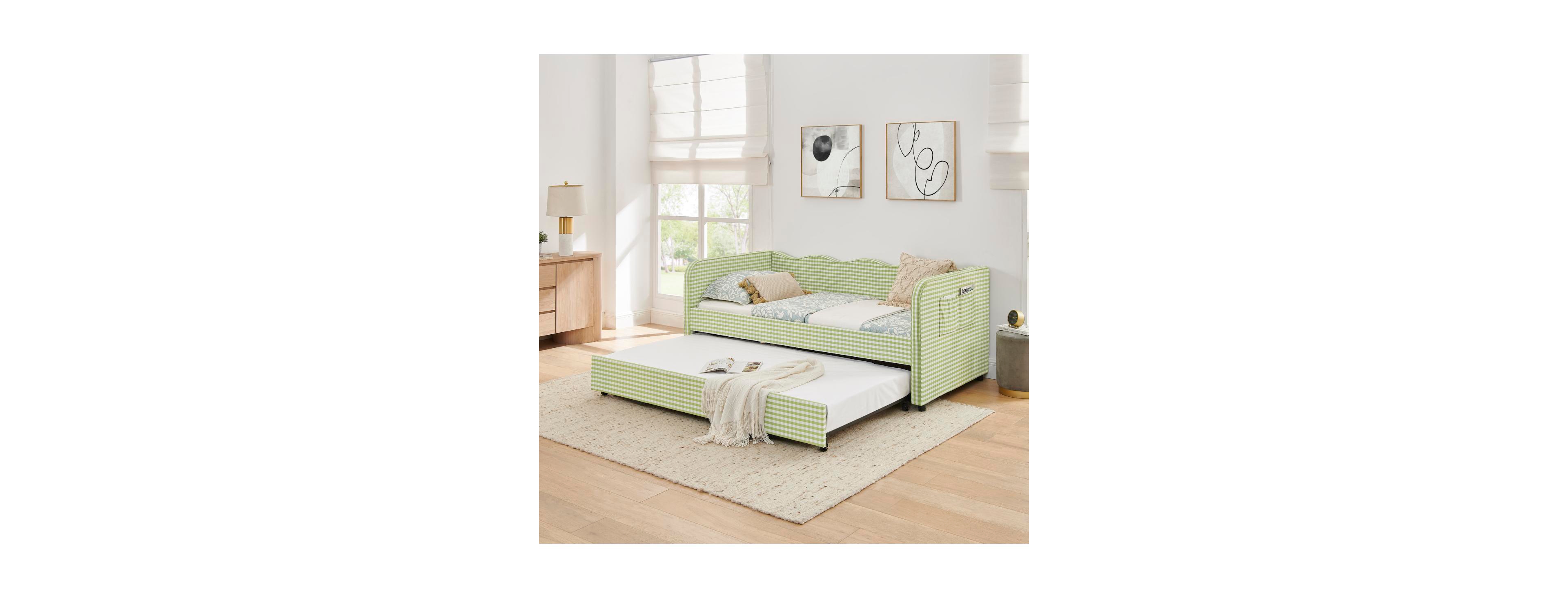 Streamdale Furniture Gingham Upholstered Twin Daybed with Pull-Out Trundle and Storage Pockets