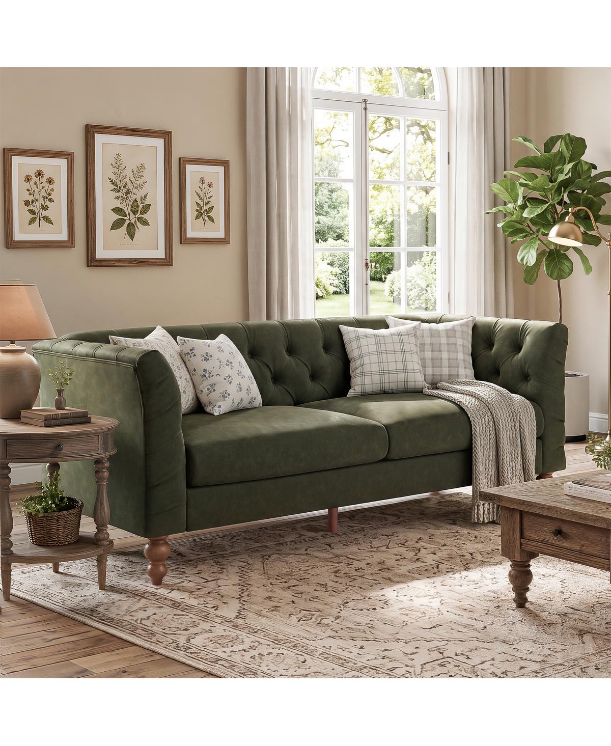 Streamdale Furniture 73.5" Pu Leather Chesterfield Sofa with Tufted Back and Walnut Legs