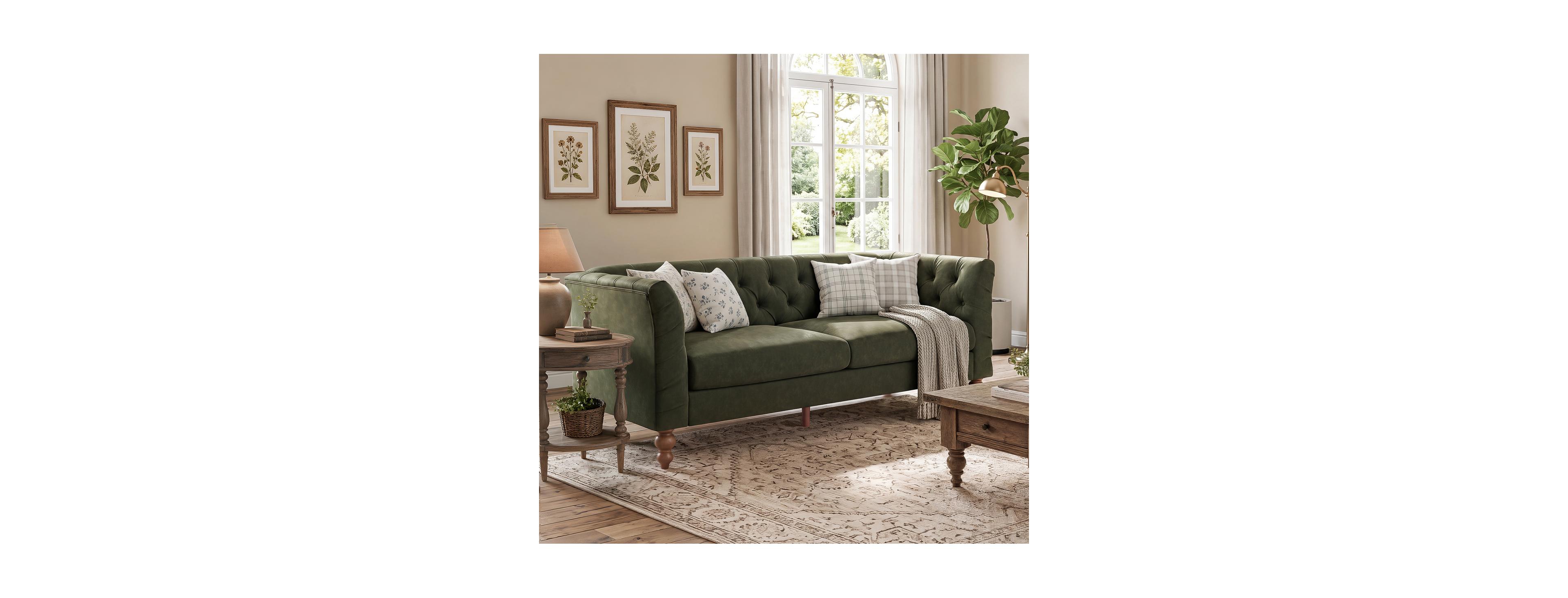 Streamdale Furniture 73.5" Pu Leather Chesterfield Sofa with Tufted Back and Walnut Legs