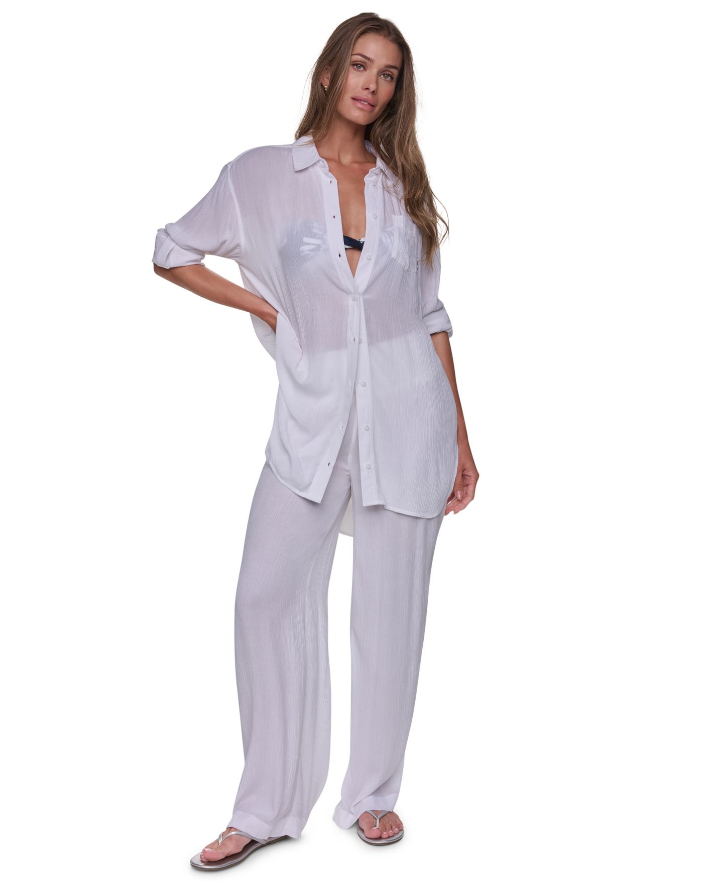 Женская рубашка DKNY Gauze Collared Button-Front Beach, цвет: Чёрный — фото 22