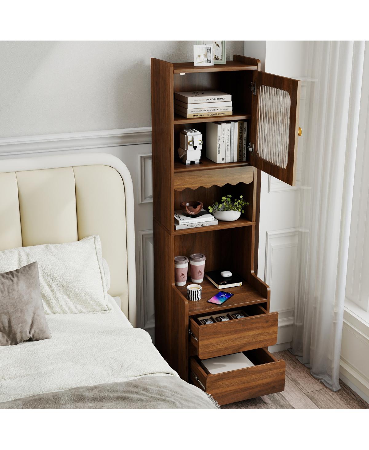 Streamdale Furniture Tall Mid-Century Modern Walnut Nightstand with Glass Door and 2 Drawers