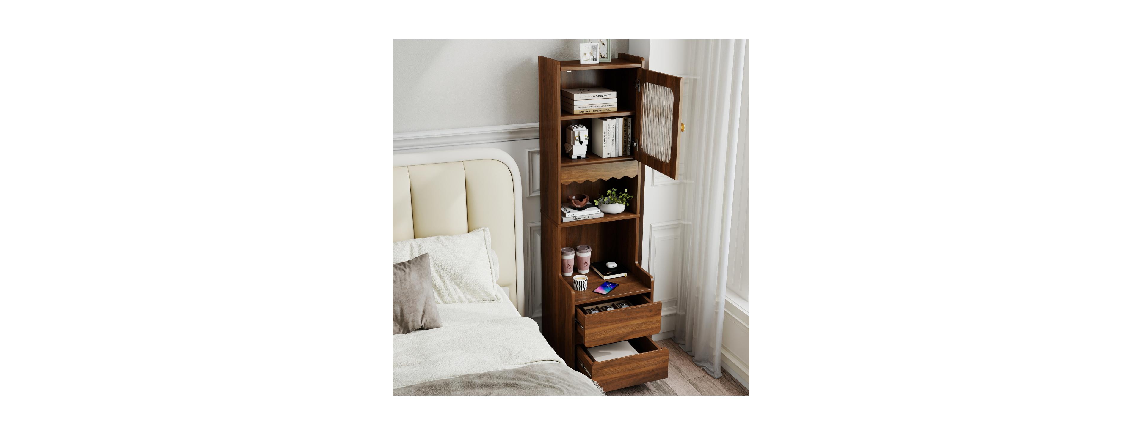 Streamdale Furniture Tall Mid-Century Modern Walnut Nightstand with Glass Door and 2 Drawers