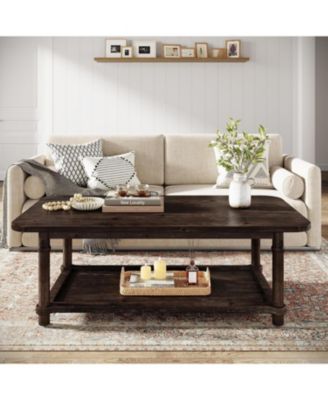 47" Rectangle Coffee Table, 2-Tier Solid Wood Center Table