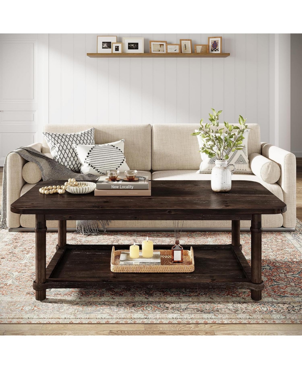 Tribesigns 47" Rectangle Coffee Table, 2-Tier Solid Wood Center Table - Walnut