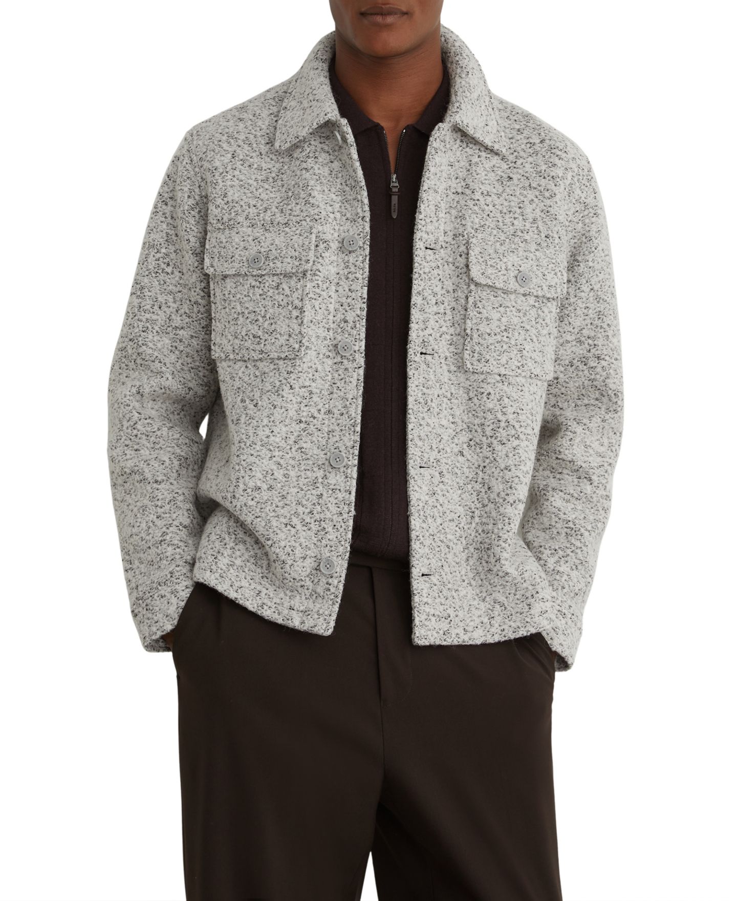 Мужская рубашка REISS Kingsley Long-Sleeve Speckled-Bouclé Classic-Fit Overshirt, цвет: Серый / Белый — фото 1
