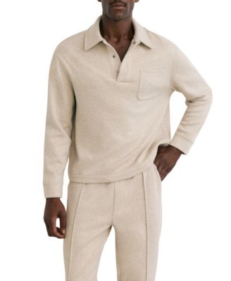 Men's Long-Sleeve Herringbone-Weave Patch-Pocket Polo Shirt