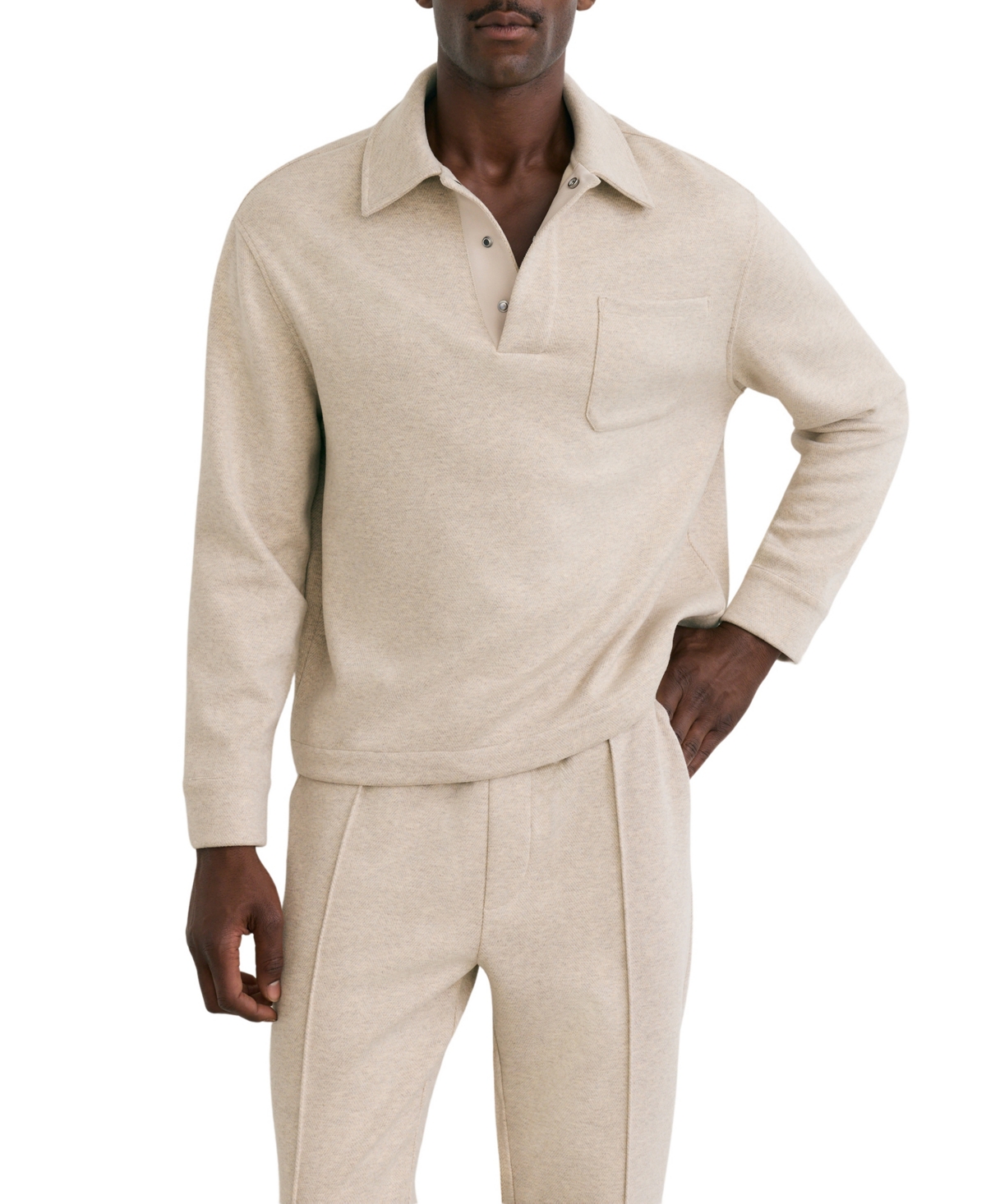 Reiss Men's Long-Sleeve Herringbone-Weave Patch-Pocket Polo Shirt