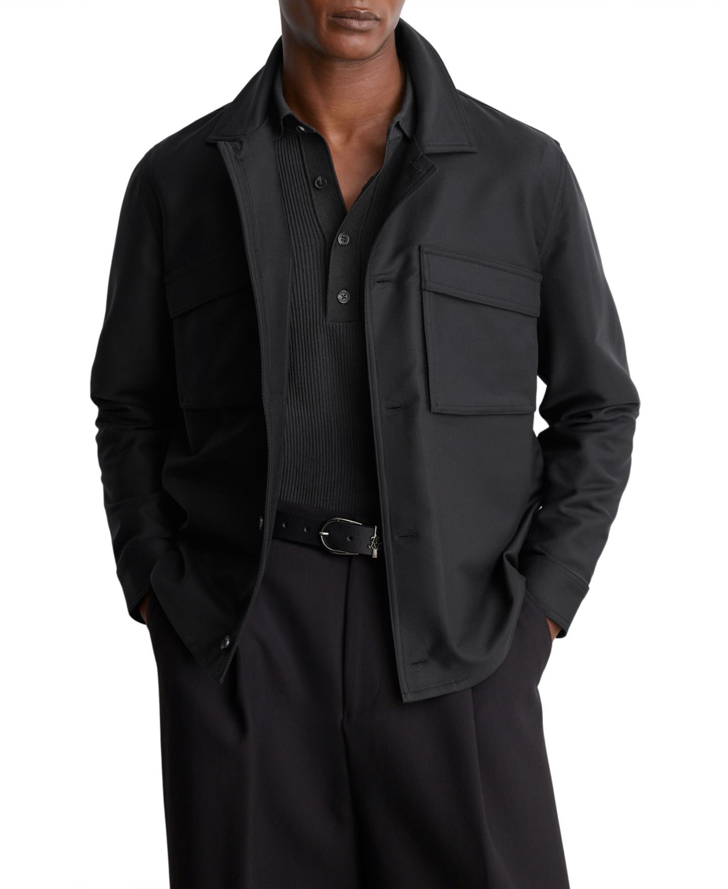 Мужская рубашка REISS Tracer Cotton-Blend Overshirt, цвет: Чёрный — фото 1