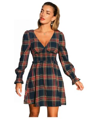 Women's Staying Curious V-Neck Long-Sleeve Smocked-Waist Mini Dress