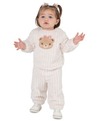 Baby Girls' Teddy Bear Applique Sherpa Long-Sleeve Sweatshirt and Joggers, 2-Piece Set