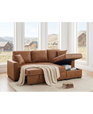  94" Faux Leather Like Upholstered Sectional with Pull-Out Bed and Chaise Storage