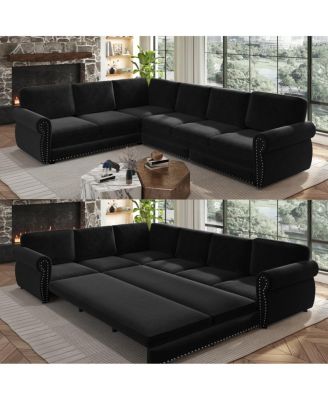 118" L-Shaped Pull-Out Sleeper Sofa with Chenille Upholstery