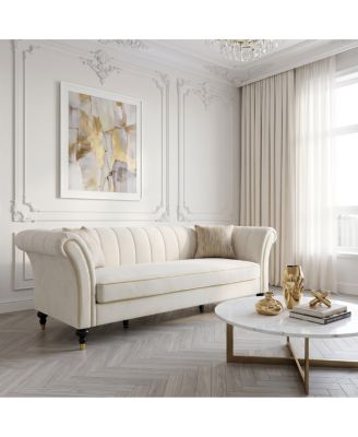  Modern 89.5" Ivory Velvet Sofa with Channel Tufting and Gold Accents