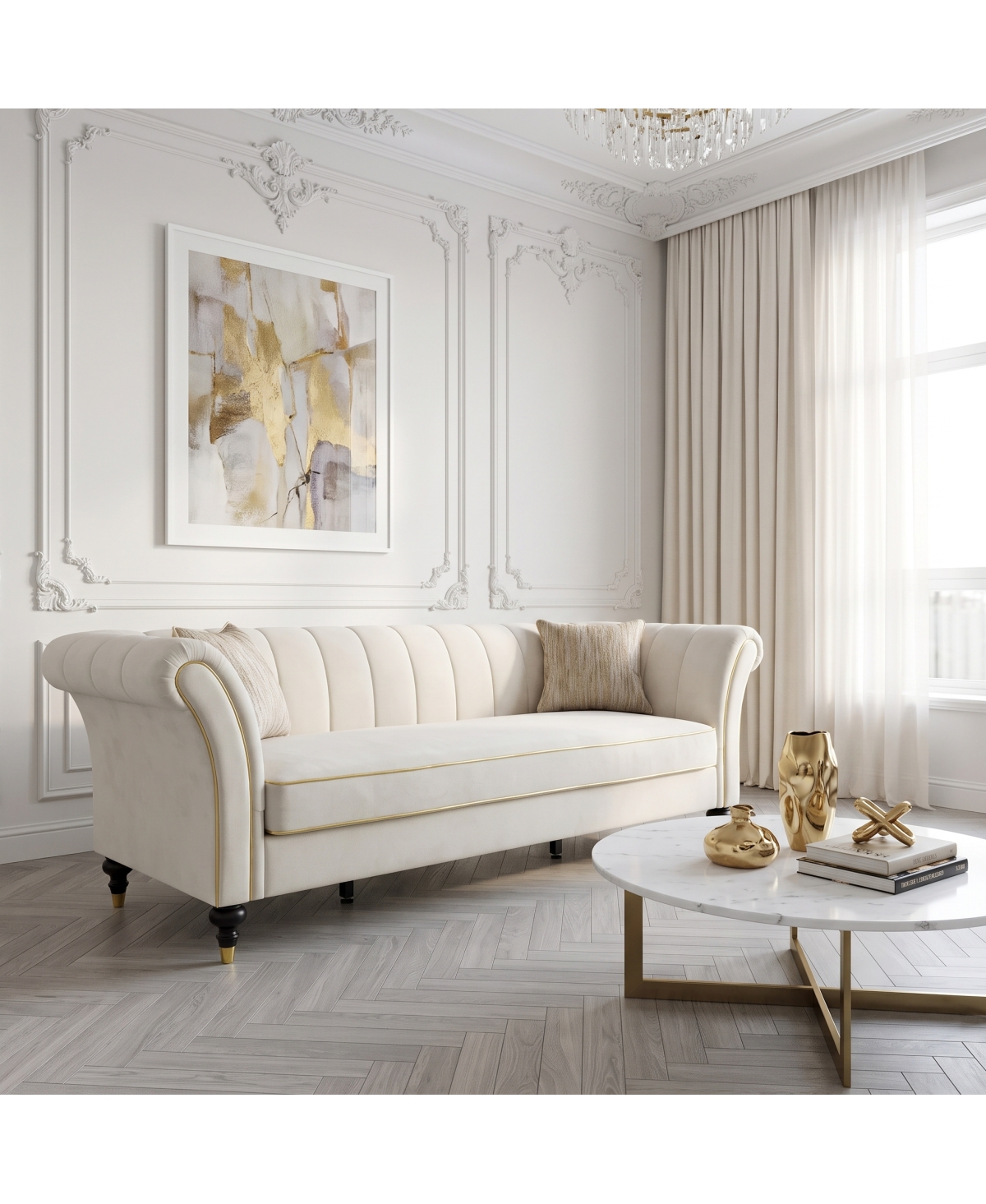 Streamdale Furniture Modern 89.5" Ivory Velvet Sofa with Channel Tufting and Gold Accents