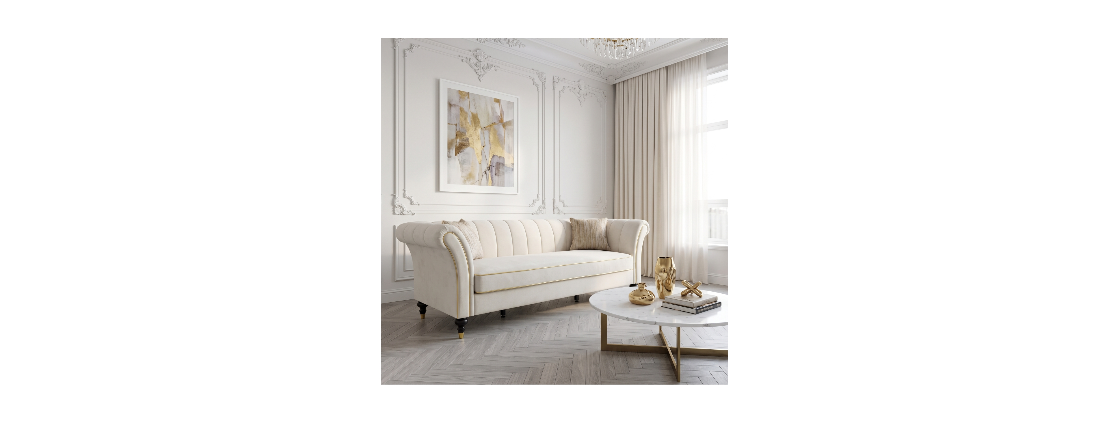 Streamdale Furniture Modern 89.5" Ivory Velvet Sofa with Channel Tufting and Gold Accents