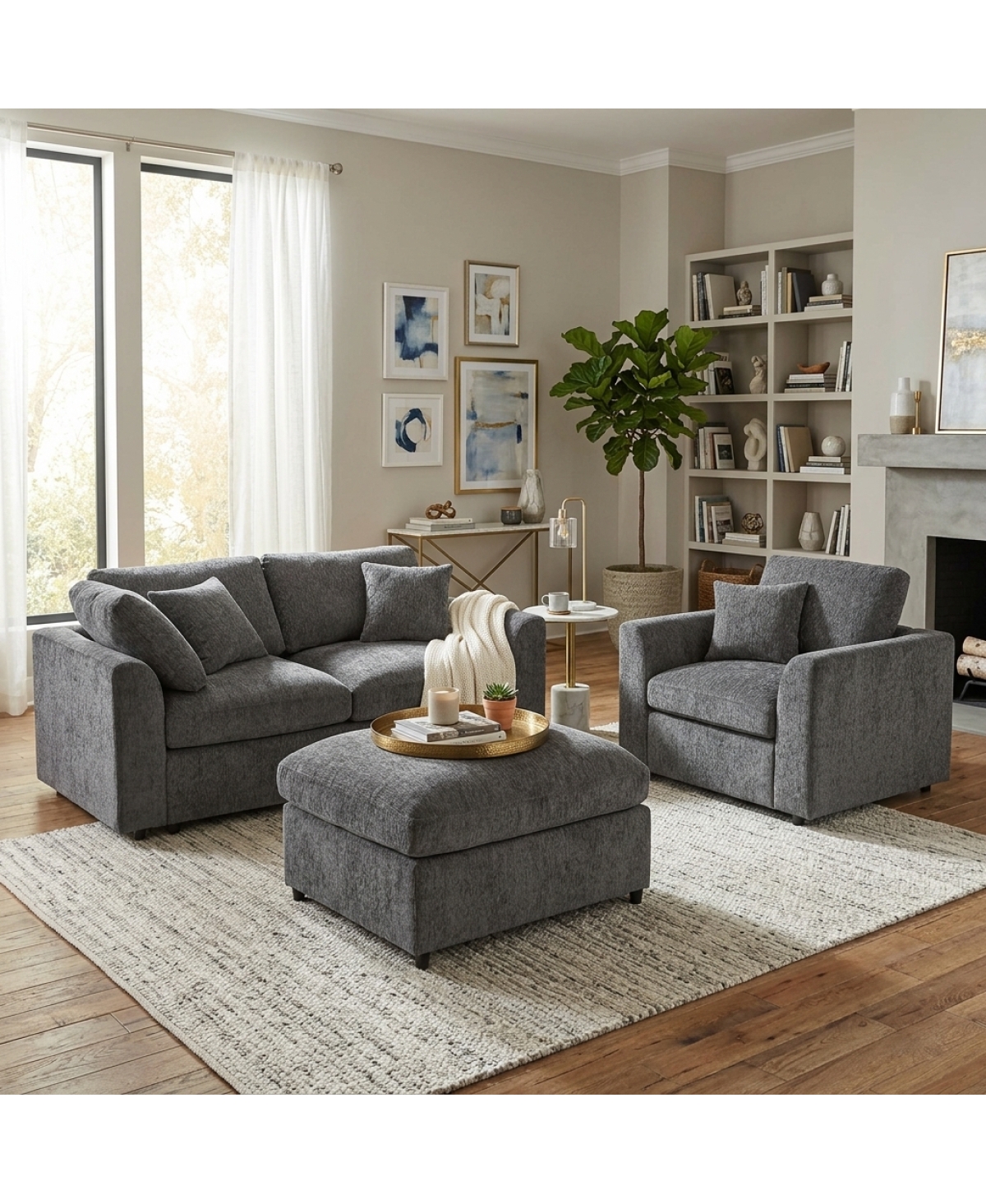 Streamdale Furniture 3-Piece Modular Chenille Sofa Set with Ottoman and Pillows