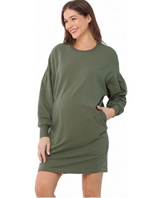 Maternity Crewneck Cotton-Blend Balloon-Sleeve Sweater Dress with Pockets