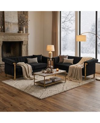 Modern Velvet 2-Piece Chesterfield Sofa Set with Gold Legs
