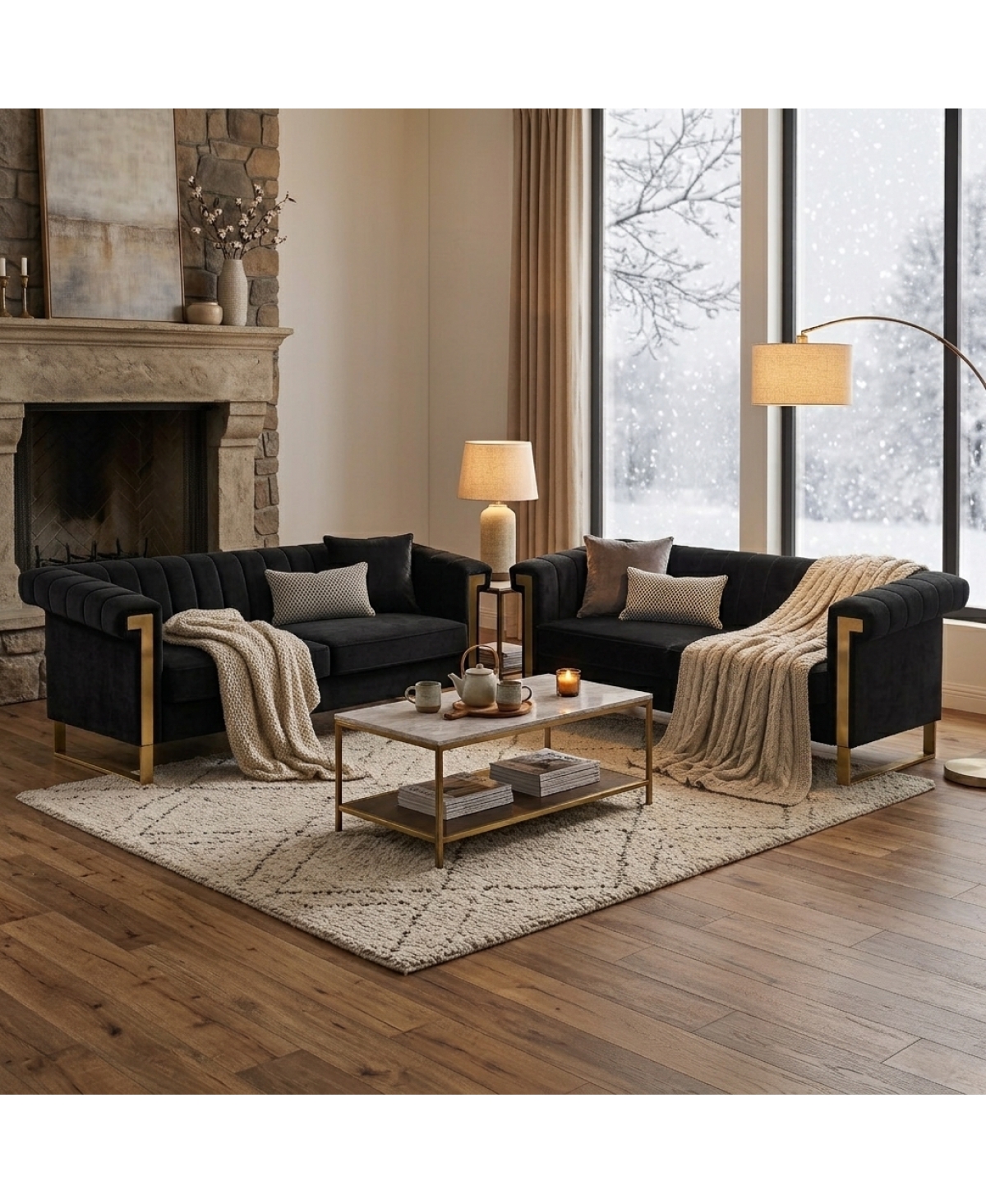 Streamdale Furniture Modern Velvet 2-Piece Chesterfield Sofa Set with Gold Legs