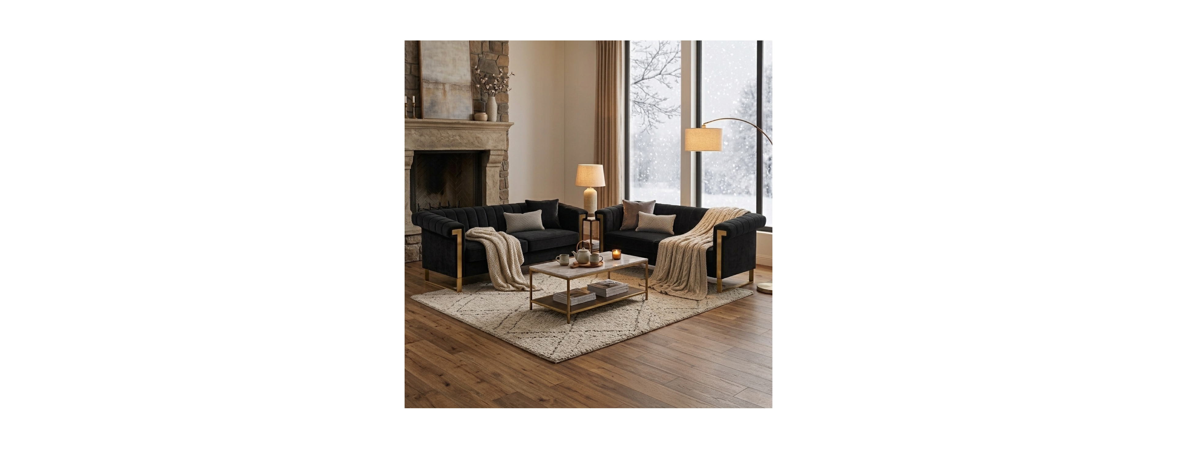 Streamdale Furniture Modern Velvet 2-Piece Chesterfield Sofa Set with Gold Legs
