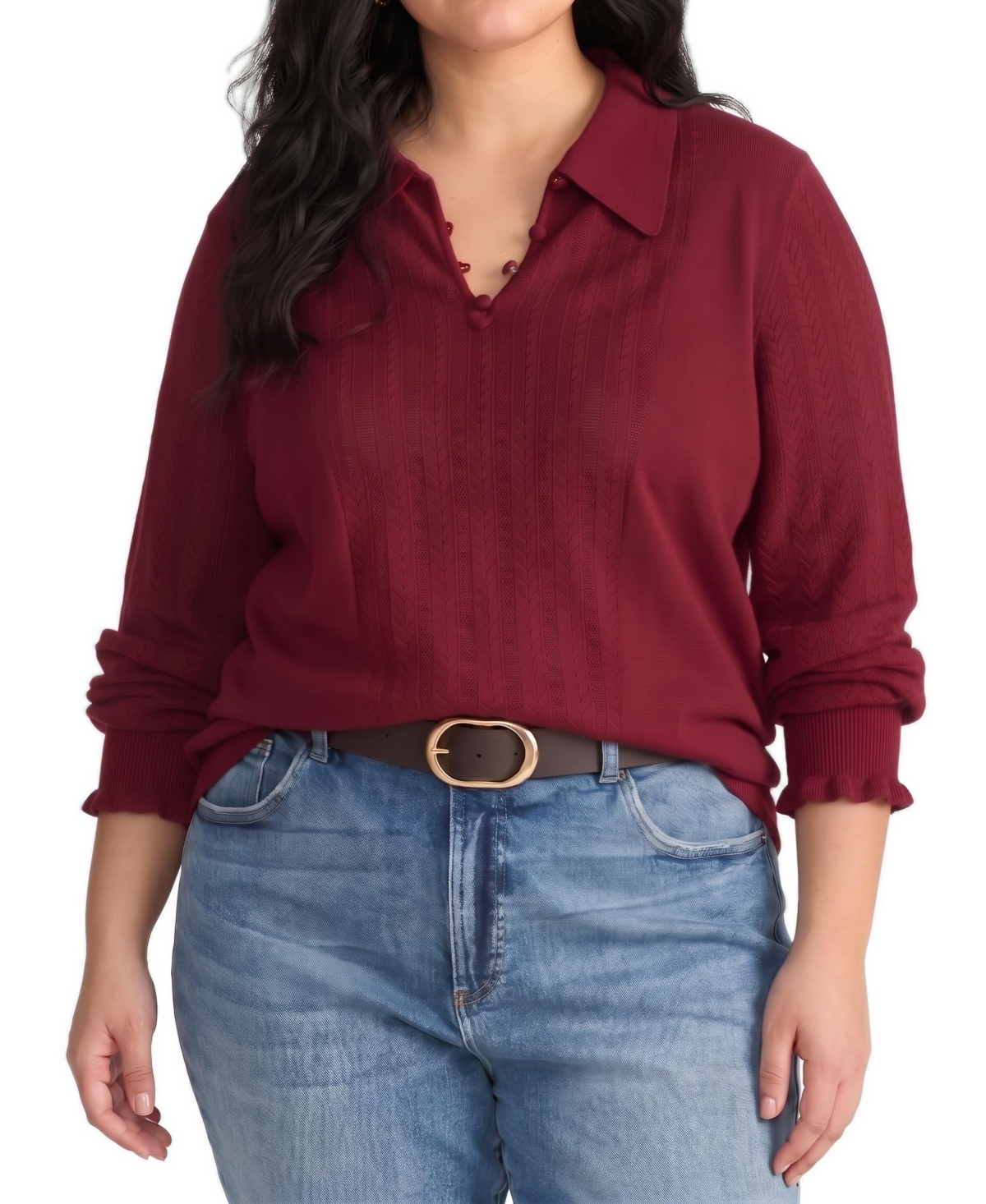 Universal Standard Plus Size Savvy Fine-Knit Fitted Polo Sweater - Deep red