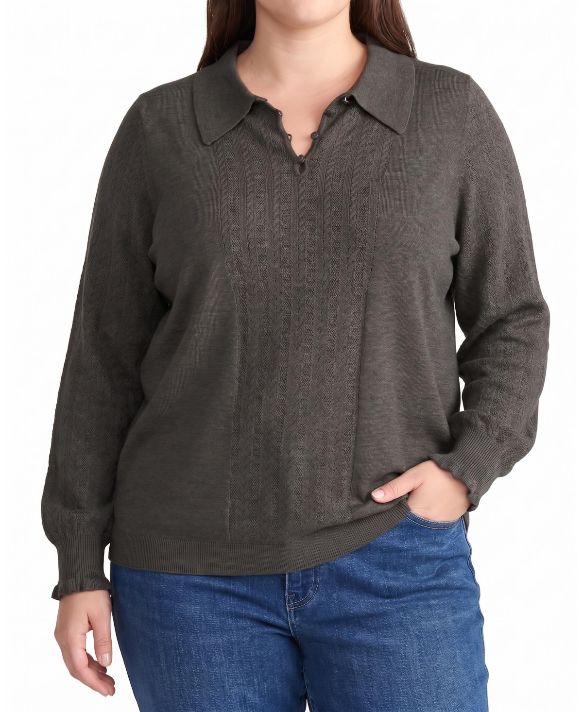 Universal Standard Plus Size Savvy Fine-Knit Fitted Polo Sweater - Dark gray
