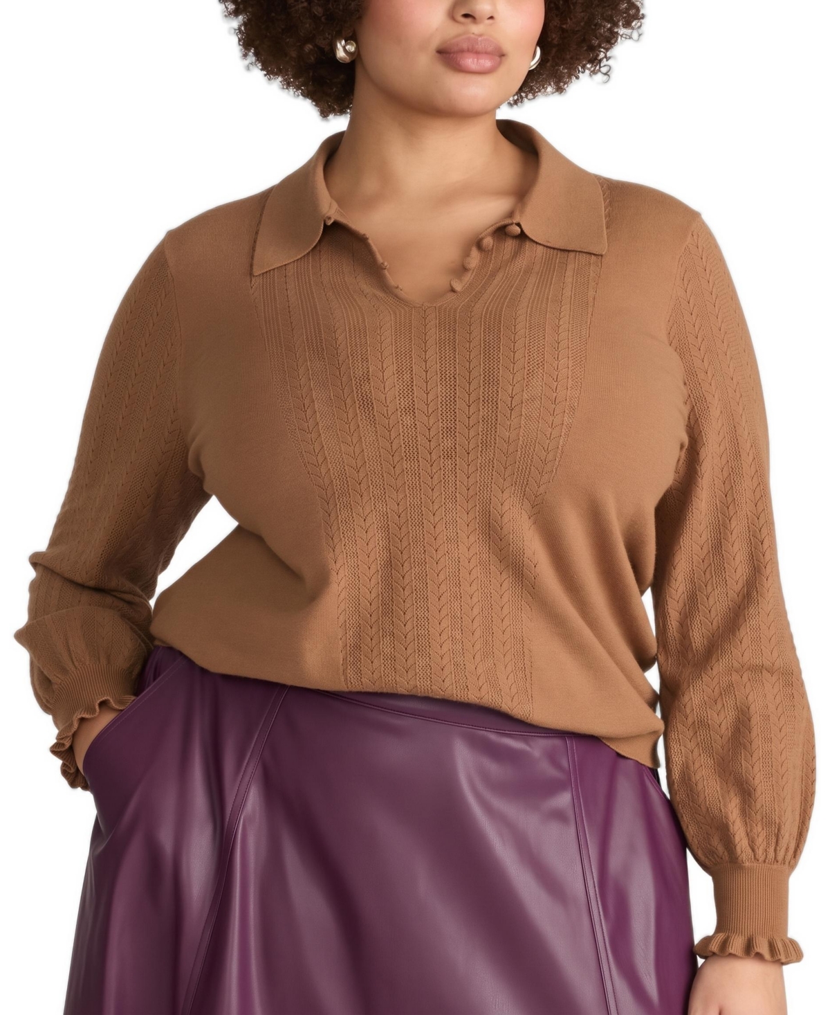 Universal Standard Plus Size Savvy Fine-Knit Fitted Polo Sweater - Classic camel