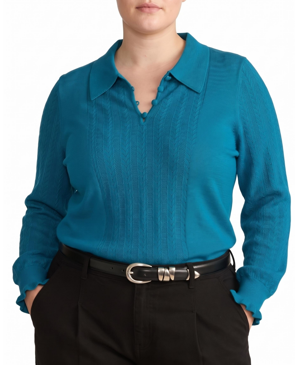 Universal Standard Plus Size Savvy Fine-Knit Fitted Polo Sweater - Caspian sea