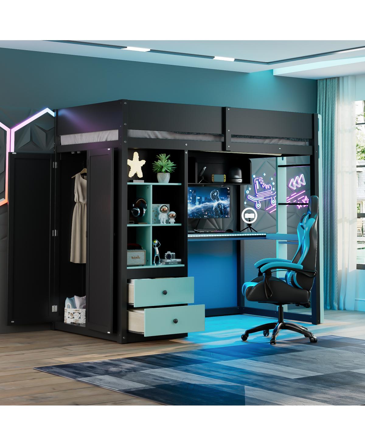 Streamdale Furniture Twin Wood Loft Bed with Desk, Wardrobe, Storage, Led, Usb