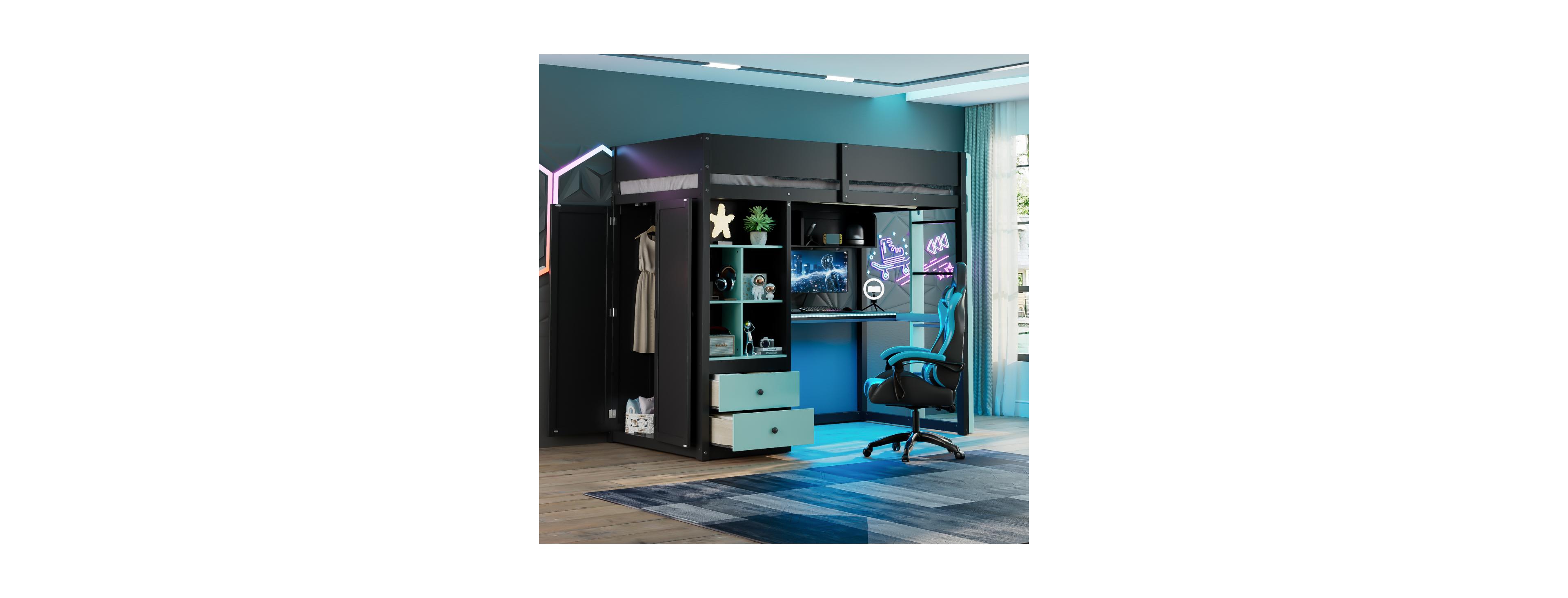 Streamdale Furniture Twin Wood Loft Bed with Desk, Wardrobe, Storage, Led, Usb