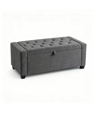 Chenille Upholstered Storage Bench with Safety Hinge