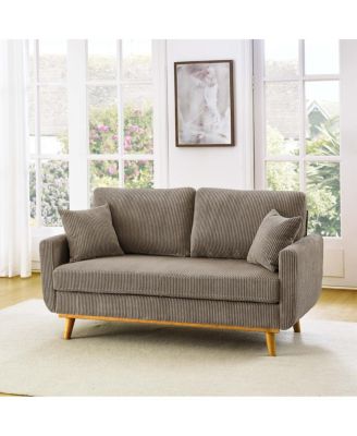 Corduroy Upholstered Wooden Frame Loveseat with Arms and Toss Pillows