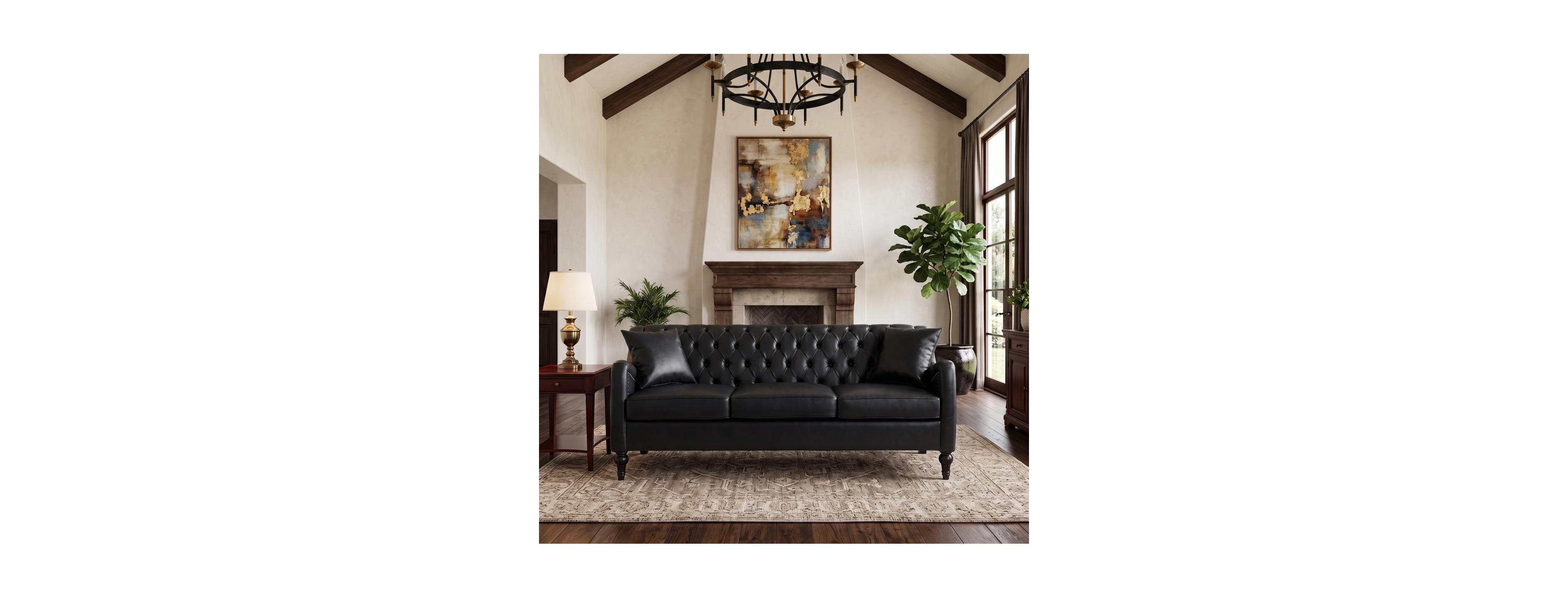 Streamdale Furniture Pu Leather 3-Seater Tufted Sofa with Wood Frame