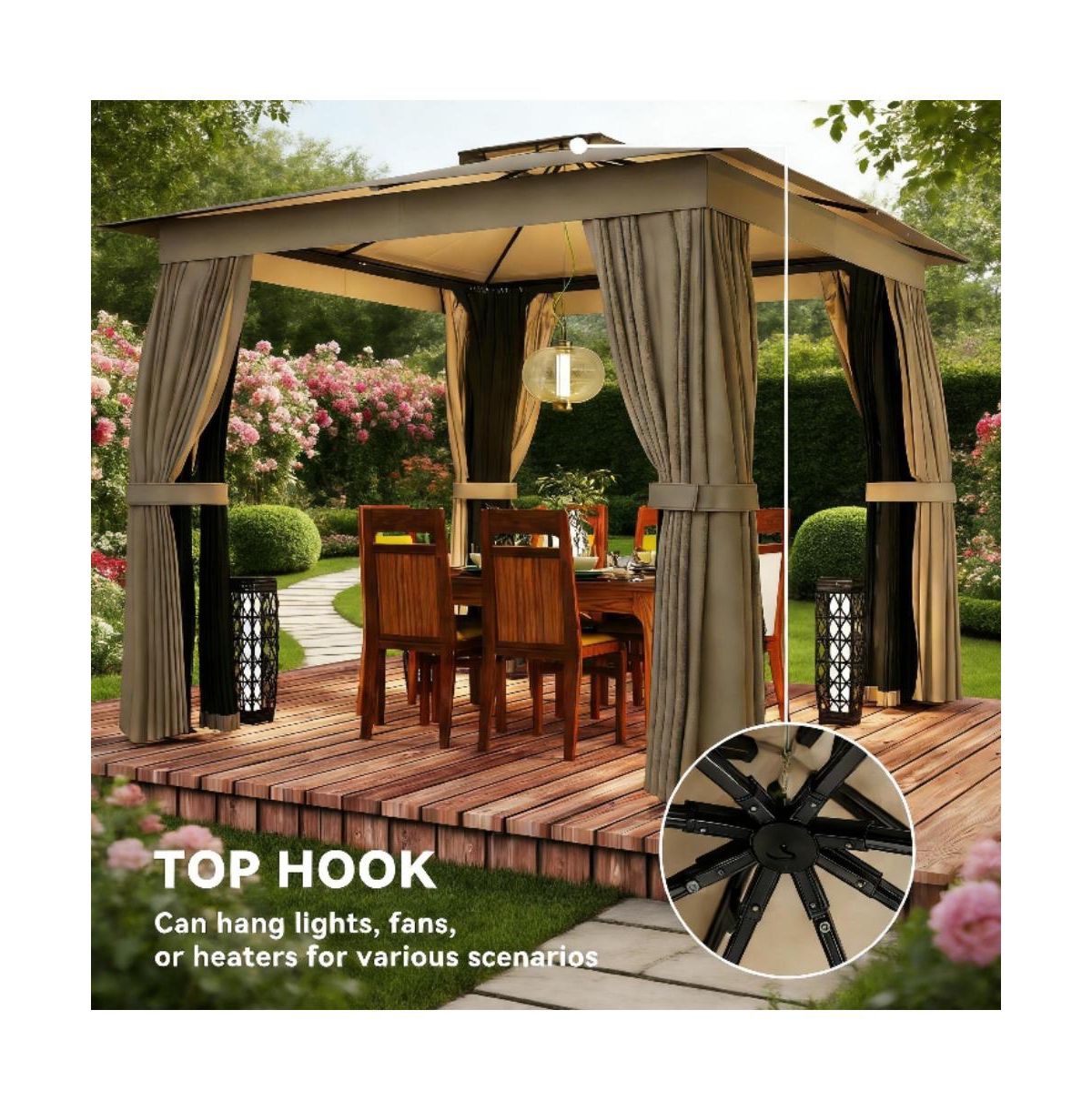 Sevorley Wooden Gazebo, Steel, Polyester Construction, Double-tier UPF30+ polyester roof with netting
