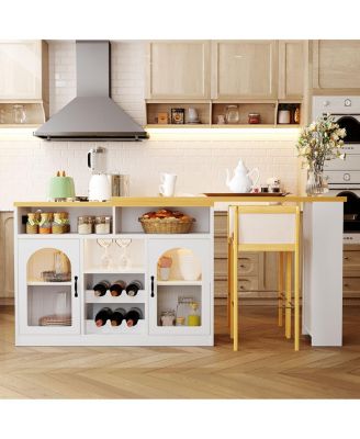 Mobile Farmhouse Wine Cart Wood LED Lights Power Outlet Bar Cabinet