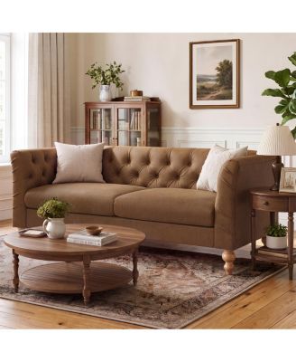 73.5" Chesterfield PU Leather Sofa with Tufted Back and Flared Arms