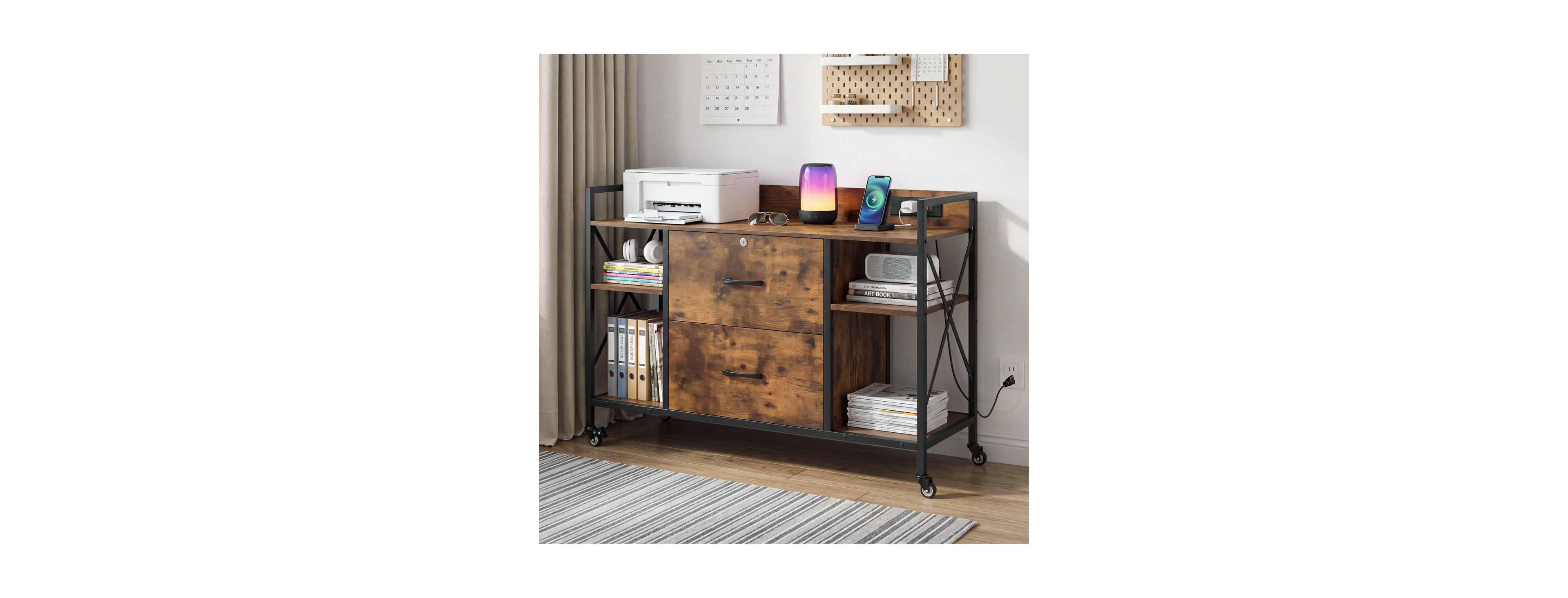 Streamdale Furniture Vintage 2-Drawer Locking Mobile File Cabinet with Power Outlets