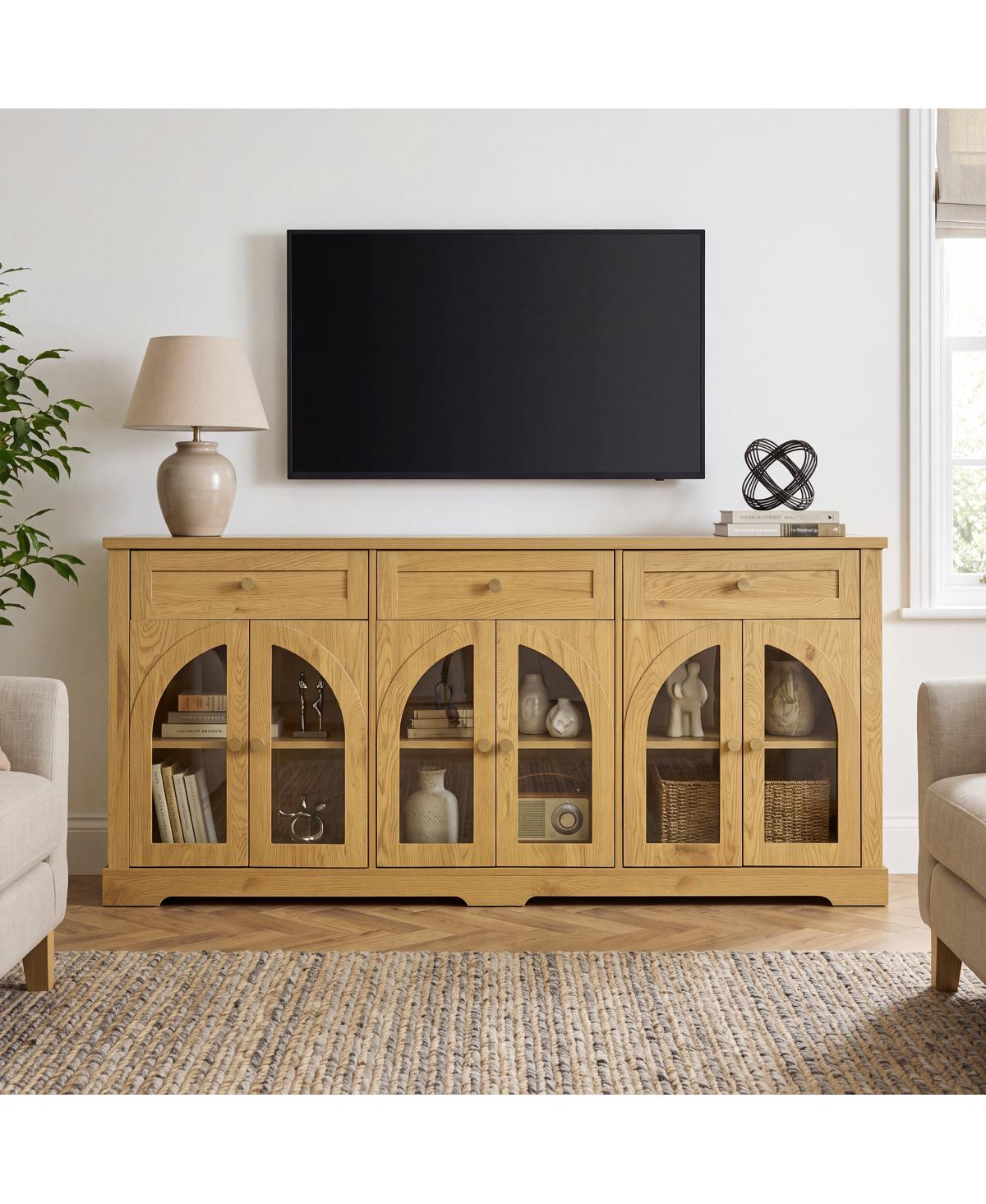 Streamdale Furniture Modern Arched Glass Sideboard 68 Inch 6 Doors 3 Drawers Storage Cabinet - Natural