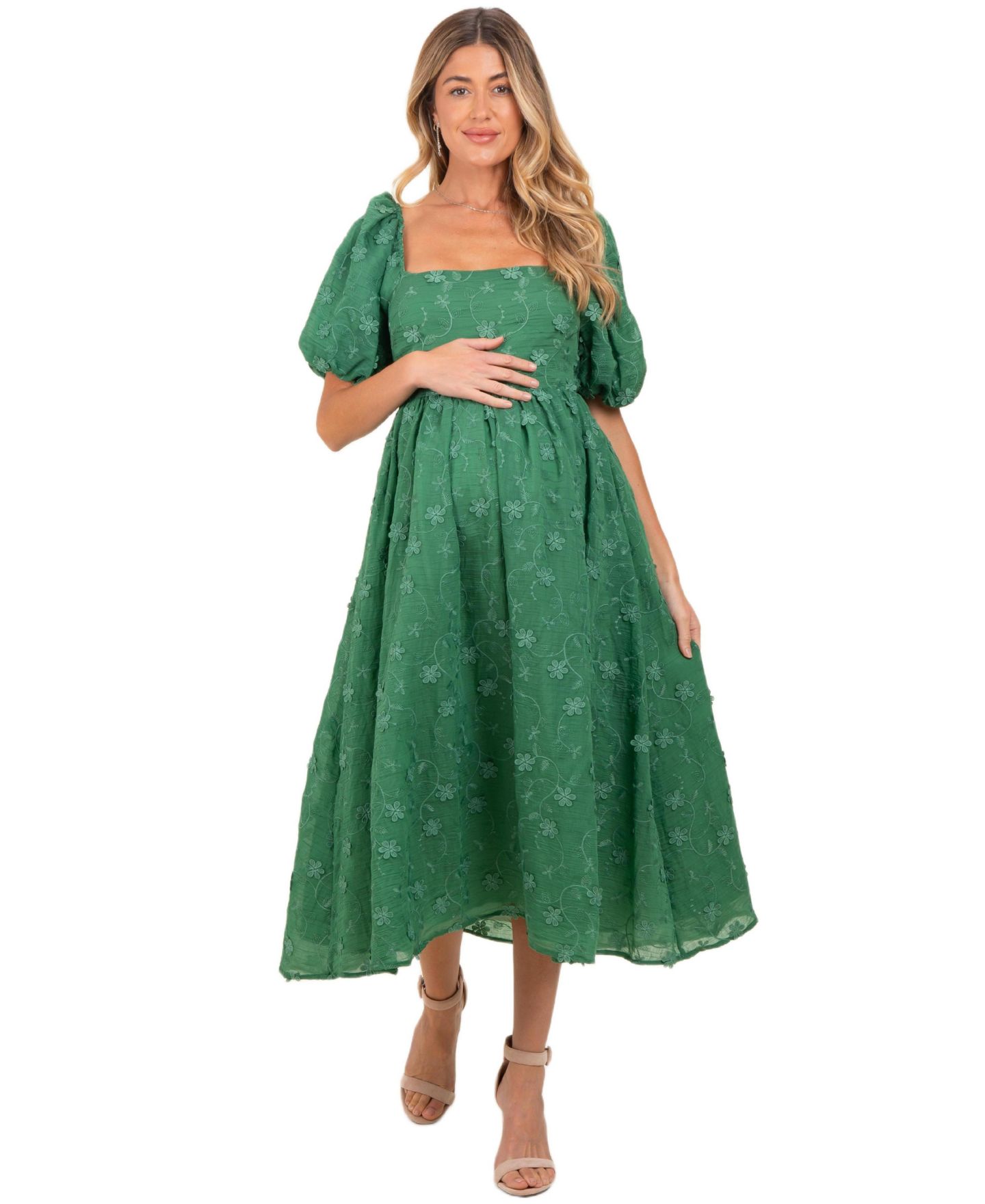 Женское платье Pinkblush Embroidered Floral Puff Sleeve Midi, цвет: Тёмно-зелёный — фото 1