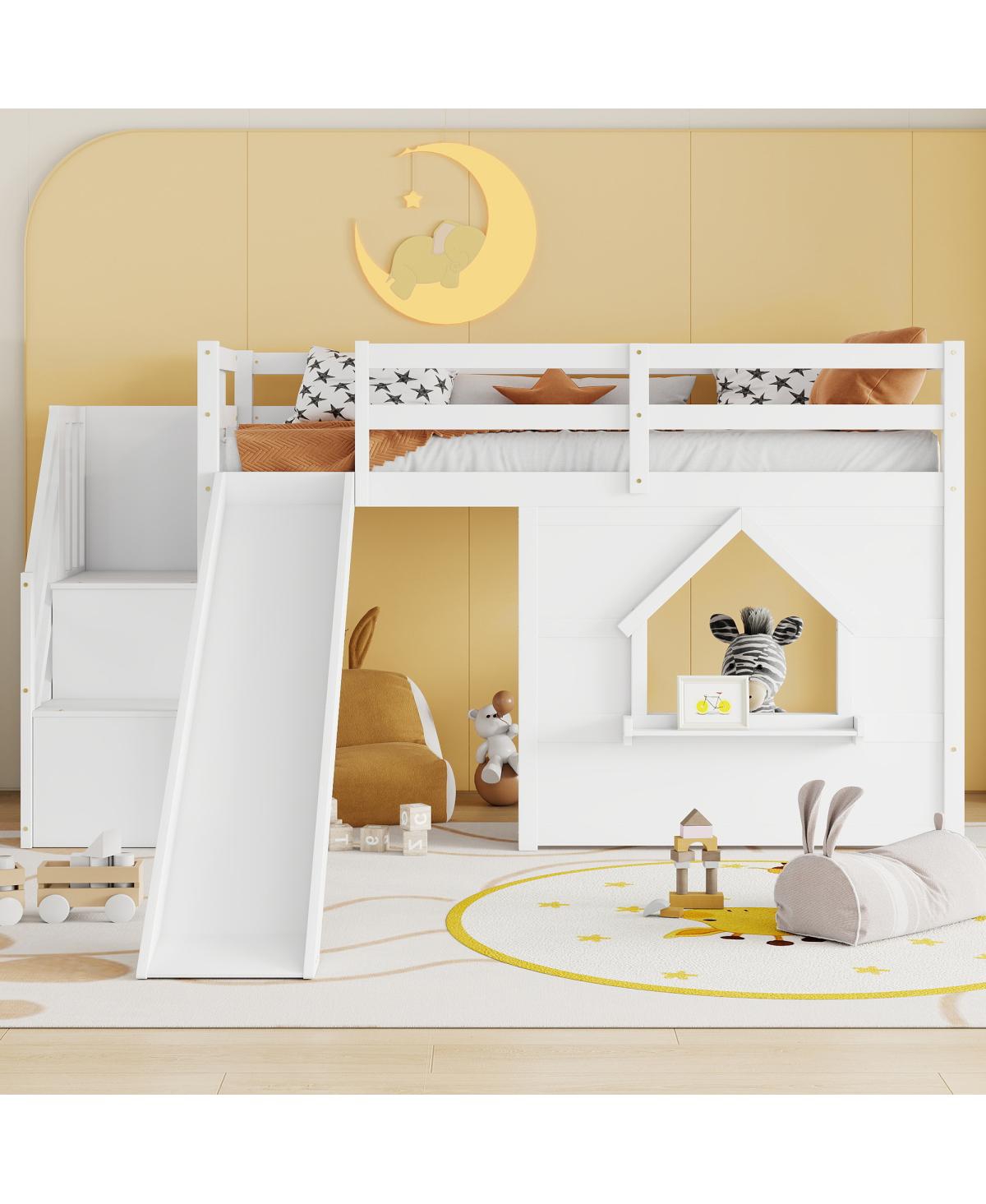 Streamdale Furniture Kids Twin Loft Bed with Storage Stairs, Slide and Led Lights - White