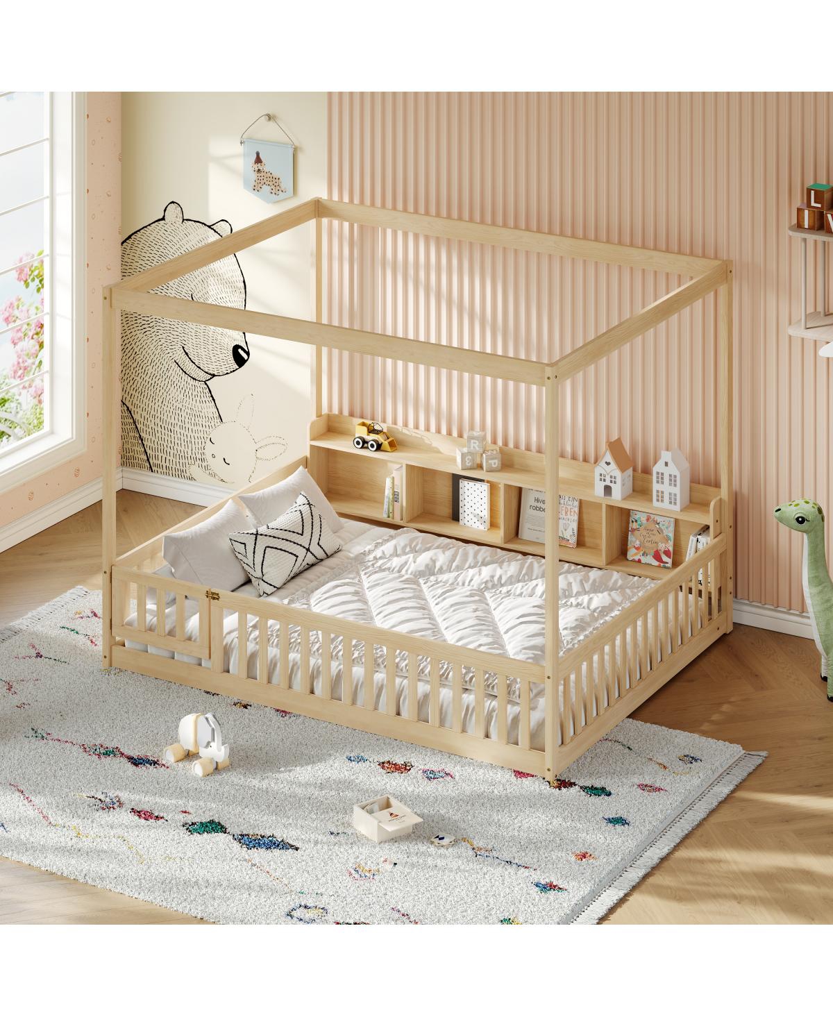 Streamdale Furniture Montessori Full Floor Bed with Storage, Guardrails, and Door