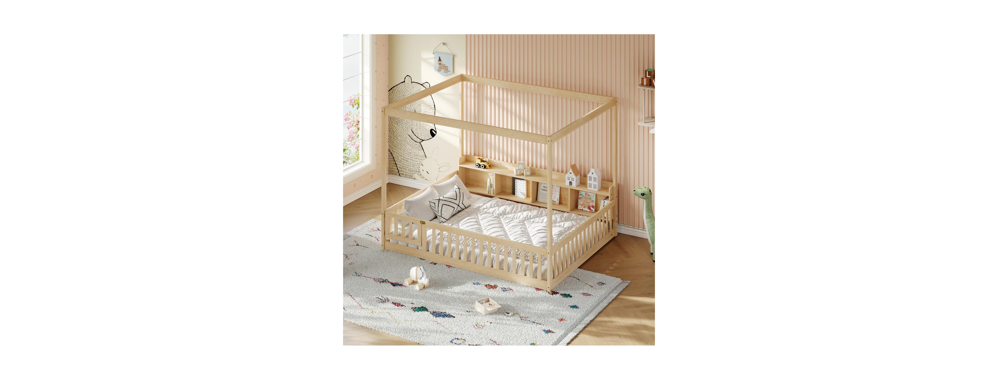 Streamdale Furniture Montessori Full Floor Bed with Storage, Guardrails, and Door