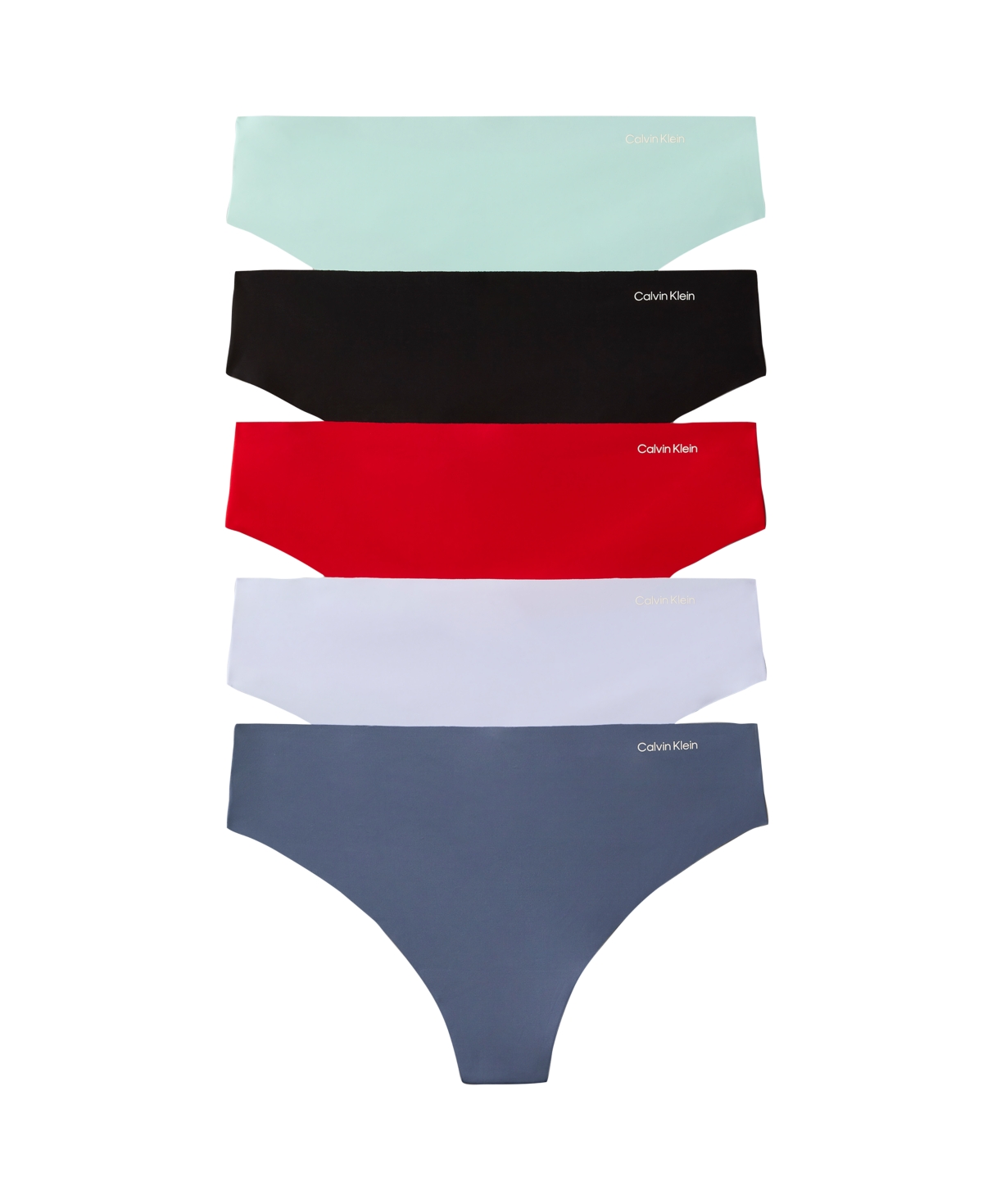 Calvin Klein Invisibles Seamless Microfiber Mid-Rise Thong, 5-Pack, QD5418 - Black/ Aqua Blue/ Grisaille/ Goji/ Ameth