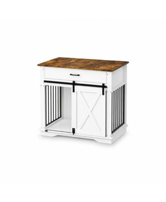 White Dog Crate Furniture with Sliding Barn Door, 38 in Wooden Dog Kennel End Table with Storage Drawer, Indoor Pet House for Small Medium