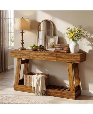 Retro 60 Inch Farmhouse Entryway Table with Drawer and Sensor Light Strip
