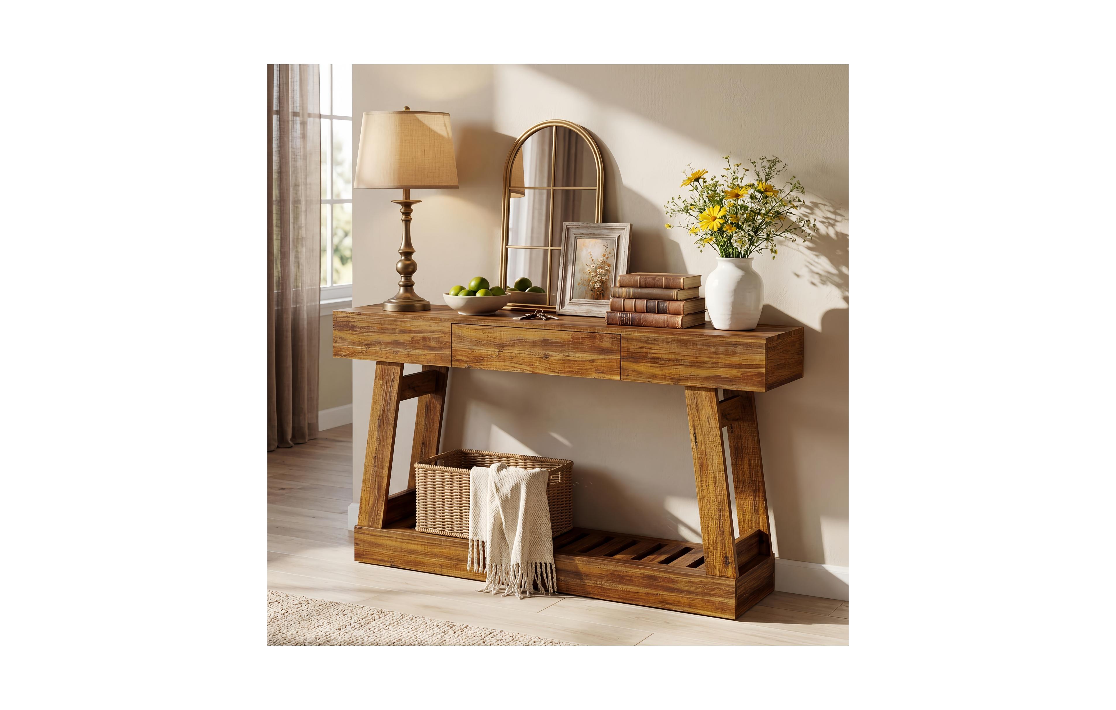 gaomon Retro 60 Inch Farmhouse Entryway Table with Drawer and Sensor Light Strip
