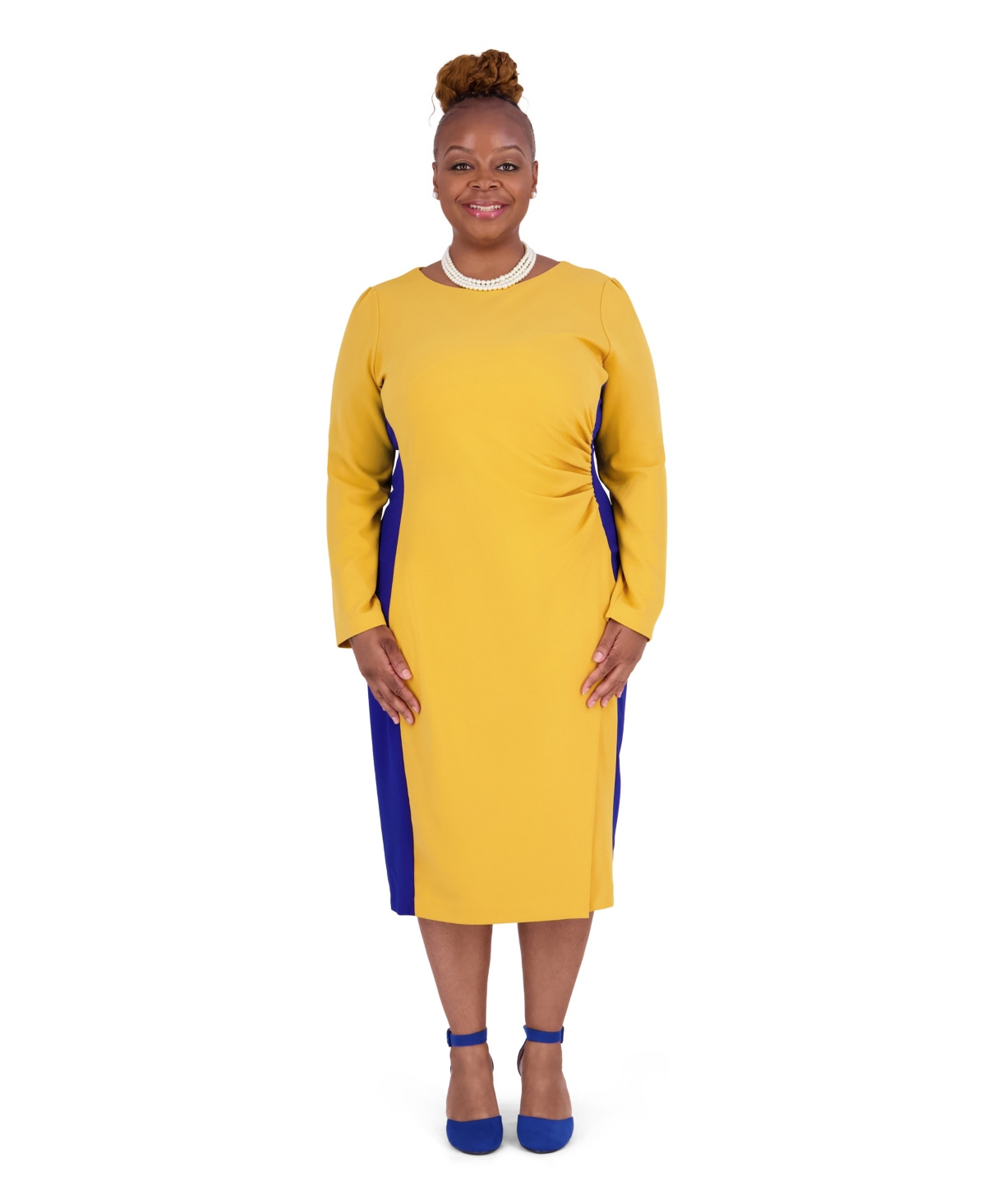 Kasper Women's Colorblock Long-Sleeve Drape-Front Midi Dress, Regular and Plus Size - Gold Sig/ Royal