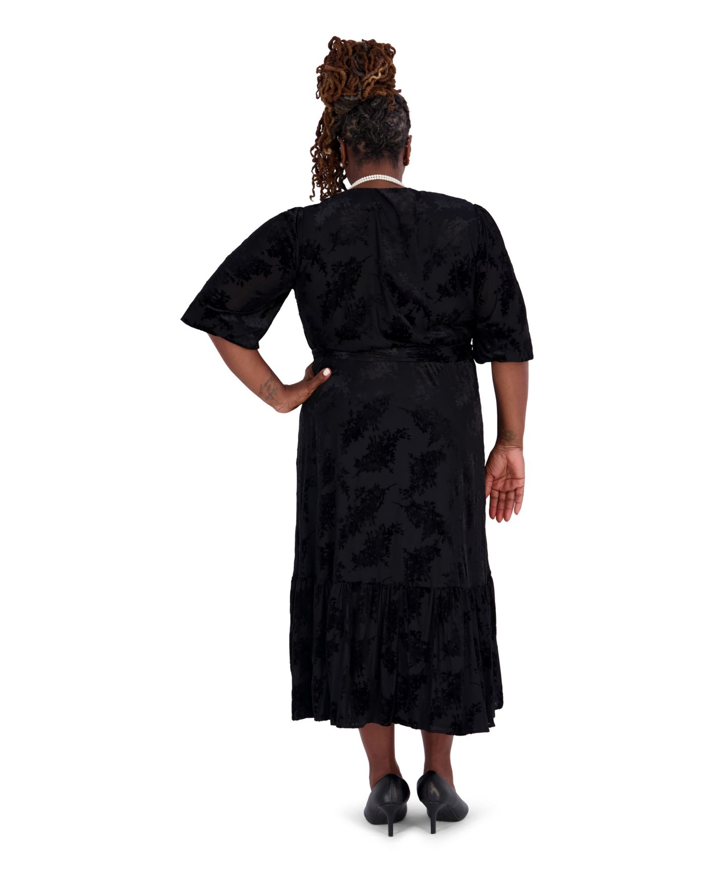 Женское платье Kasper Floral Velvet Burnout 3/4-Balloon Sleeve Wrap, Regular and Plus Size, цвет: Чёрный — фото 3